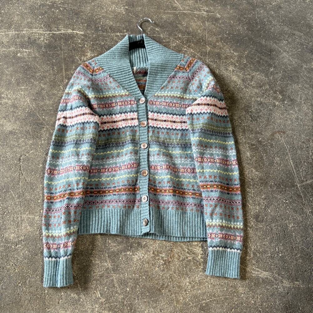 L.L. Bean Cardigan Sweater Womens S 36 Green Fair Isle Lambswool 0 BHD8